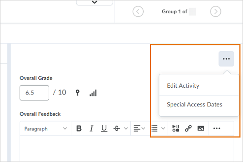 The new context menu appears when grading a submission in the New Assignment Evaluation Experience 